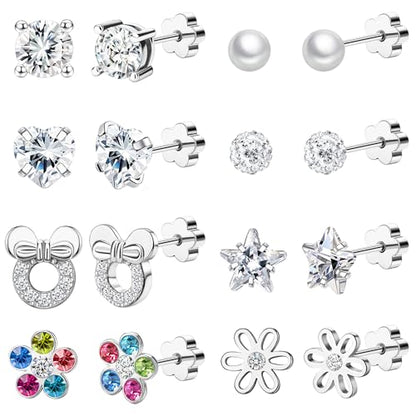 Staligue 8 & 21 Pairs Hypoallergenic Screw Back Earrings for Women – 20G Surgical Steel Flat Back Studs with Heart, CZ, Pearl, Star & Ball Designs | Tiny Cartilage Jewelry Options - color: White