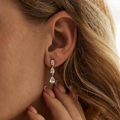Dangle Drop Gold Earrings Women Prom with CZ Wedding Jewelry Gift | Dangling for Bridal, Sparkly Diamond , Gifts for Women, Dainty, Trendy, Butterfly Back - color: Gold-3CZ Drop
