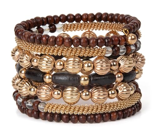 SPUNKYsoul Handmade Bohemian Multi-Color Beaded Coil Bracelet – Comfortable, Adjustable Boho Wrap Cuff That Stacks Easily and Lets You Effortlessly Elevate Any Outfit, Day or Night - style: Brown and Gold