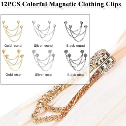 Magnetic Clothing Clips: 12 Pcs Multi-Function Magnetic Shirt Clips with Chain for Women Clothes Sleeves Pants Hijabs Hats Scarfs