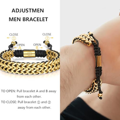 18K Gold-Plated Bracelets for Men Franco Link Chain Adjustable | Stainless Steel Bracelet, Gold Beads Bracelet, Handcrafted Braided, Mens Jewelry Birthday Gift for Men - color: Metallic Gold
