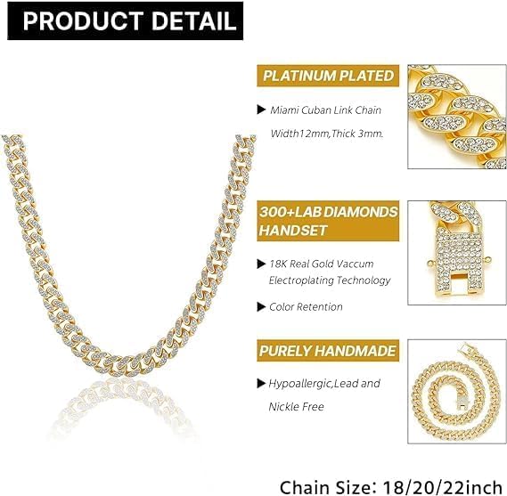 Mens and Womens Miami Cuban Link Chain Necklace 12mm Diamond Prong Cuban Chain 18/20/24inch Length Hip Hop Jewely - color: Gold, size: 20 inch