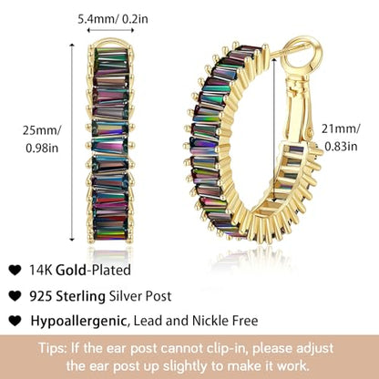 Trendy 14K Gold Plated Hoop Earrings for Women, Chunky Gold/Silver Earrings for Women Cubic Zirconia Baguette Hoop Earrings Heart Hoops Lightweight Hypoallergenic Jewelry,25mm/35mm/40mm/50mm - color: 01 Gold Mystic Rainbow Hoops 25mm