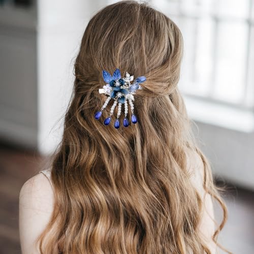 A Pair Wedding Hair Clips, Handmade Floral Design Crystal Hair Clips Pearl Barrettes, Rhinestones Flower Clips Pearl Headpieces Hair Pins Hair Accessories for Women Girls (Blue) - color: Blue