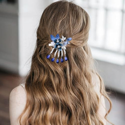 A Pair Wedding Hair Clips, Handmade Floral Design Crystal Hair Clips Pearl Barrettes, Rhinestones Flower Clips Pearl Headpieces Hair Pins Hair Accessories for Women Girls (Blue) - color: Blue