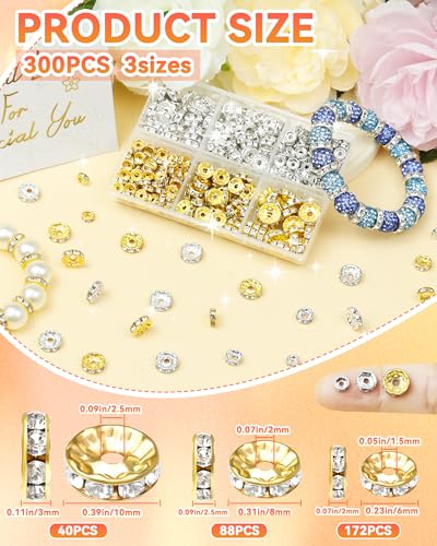 FIVEIZERO 300PCS Gold Silver Rhinestone Spacer Beads, 6/8/10mm | 1.5/2/2.5mm Holes, Secure Inlay, Organized Box, For Beaded Pens, Bracelets, Necklaces, Earrings, DIY Crafts - color: Silver/Gold,6mm/8mm/10mm