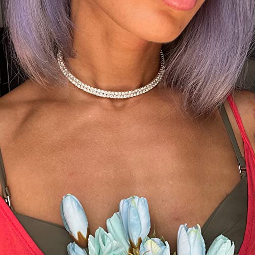 Luxval Tennis Necklace 14K Gold Plated Rhinestone Butterfly Choker Necklaces for women Dainty Zirconia Cut Faux Diamond chain 3mm - color: Silver-2 row tennis