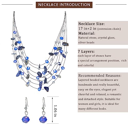 Multi-Layer Boho Shell Beaded Necklace for Women Colorful Crystal Strand with Silver Beads Statement Collars Necklace and Earrings Costumes Jewelry Sets for Women - color: 48-Sapphire