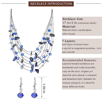 Multi-Layer Boho Shell Beaded Necklace for Women Colorful Crystal Strand with Silver Beads Statement Collars Necklace and Earrings Costumes Jewelry Sets for Women - color: 48-Sapphire