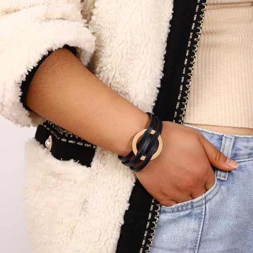 hotoo Circle Charm Bracelets for Women Handmade Leather Wrap Bracelets for Couples Friendship Bracelet Bohemian Cuff Bangle Boho Jewelry Gift - color: New Deep Blue