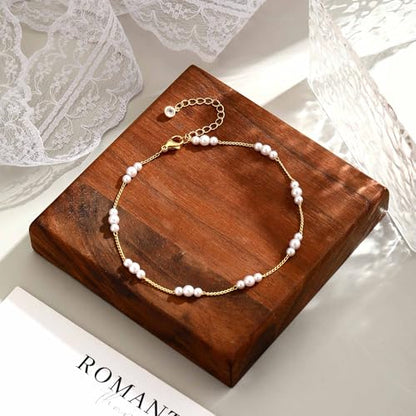 Warshion Ankle Bracelets for Women - 14K Gold Plated Waterproof Gold Anklet Delicate Chain Women's Anklets Summer Beach Pearl Jewelry Layering Gift Non Tarnish - style: ANKLETS-E