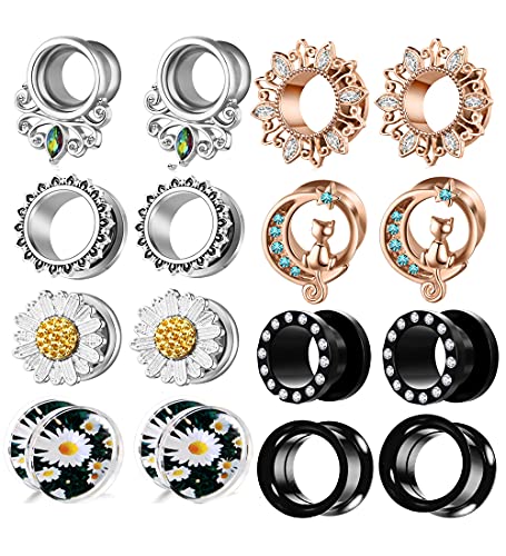 Suotarn 8 Pairs Ear Gauges For Women Black Internally Flare Earrings Plugs Gauges For Ear Stainless Steel Plug Tunnel Piercing Stretcher Kit 00g 0g-5/8'' inch - color: 16mm=5/8''