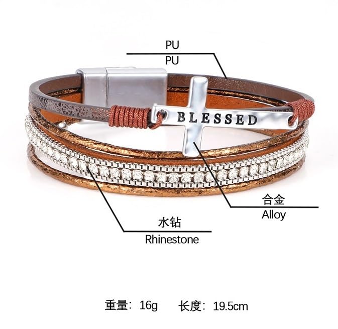 Religious Cross Engraved Blessed Leather Wrap Match Strand Bracelet for Women Multi-Layer Boho Beaded Cuff Bangle Bracelet Christian Jewelry - color: Brown