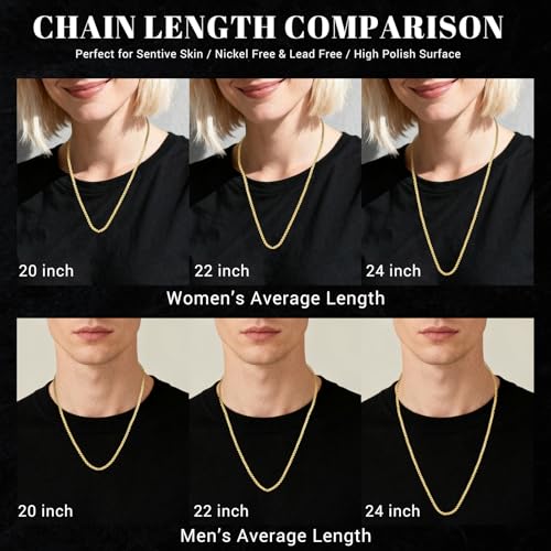 Eusense Stainless Steel Chain Necklace for Men Women Rolo/Wheat/Snake/Box Chain, 2-3MM, 20-24 Inches with Delicate Gift Box - color: 14K Gold-Plated, size: 22+2 Inches Length, style: Rolo Chain-3MM Width