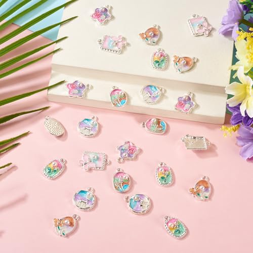 24Pcs Alloy Enamel Butterfly Flower Charms Silver Plated 3D French Style Oil Painting Pendants Vinatge Floral Pearl Bead Charms for Bracelet Necklace Earring - color: Silver Plated, 6 Styles