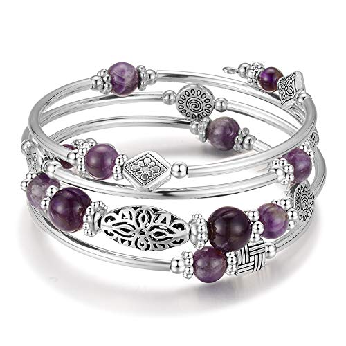 BULINLIN Layered Wrap Bangle Turquoise Bracelet - Bead Bracelet with Natural Agate Stone, Gifts For Women - color: 02-Purple