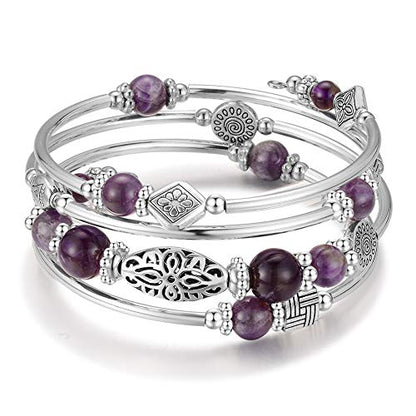 BULINLIN Layered Wrap Bangle Turquoise Bracelet - Bead Bracelet with Natural Agate Stone, Gifts For Women - color: 02-Purple
