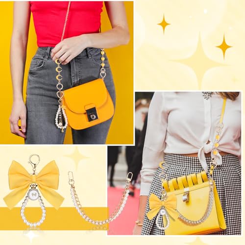 Sureio 5 Pcs Bag Extender Chain Pearl Purse Chain Ribbon Bow Keychain Extender Bag Strap Purse Charms Accessories for Handbag - color: Yellow and Gold