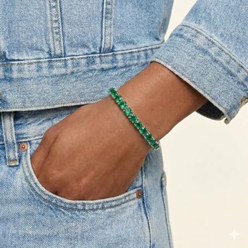 KEZEF Tennis Bracelet for Women, 7mm Round CZ, Silver Plated Brass, 6.5–8 Inch, Fold-Over Clasp - color: Simulated Green Emerald, size: 7 Inch