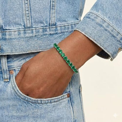 KEZEF Tennis Bracelet for Women, 7mm Round CZ, Silver Plated Brass, 6.5–8 Inch, Fold-Over Clasp - color: Simulated Green Emerald, size: 7 Inch