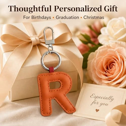 Initial Letter Keychain,Stainless Steel,Colorful Faux Leather Keyring for Backpack,Purse,Car Keys,Gift for Men Women - color: R