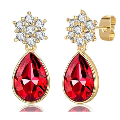 Elegant Austrian Crystal Teardrop Dangle Earrings for Women,14K Gold Plated Flower Drop Earrings Jewelry Gift for Birthday Wedding Anniversary - color: Red