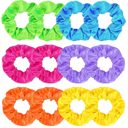 KICOSY 12 Pack Neon Scrunchies in 6 Colors - Satin Soft Hair Ties, Ideal for 80s/90s Looks, Glow Party & Daily Style - color: neon