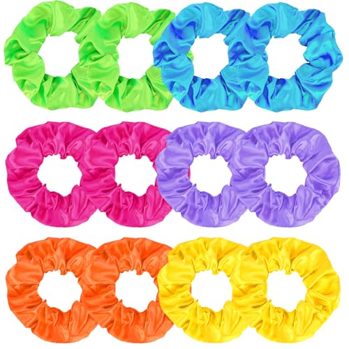 KICOSY 12 Pack Neon Scrunchies in 6 Colors - Satin Soft Hair Ties, Ideal for 80s/90s Looks, Glow Party & Daily Style - color: neon