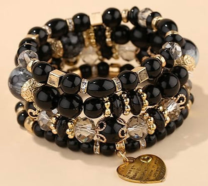 Women Beaded Bracelet Set | Colorful Boho Stackable Trendy Design with Crystal Accents Multilayer Bangle Bracelet | Fashion Stretch Braclets Jewelry for Women - color: Black