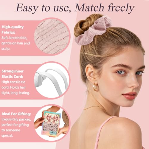 Crinkle Waffle Scrunchies, Soft Breathable Fabric Hair Ties, Neutral Pastel Colors (Pink, Cream, Mint) No Damage for Women, Thin & Thick Hair, Everyday Casual, Work & Gym Use - color: Set 15