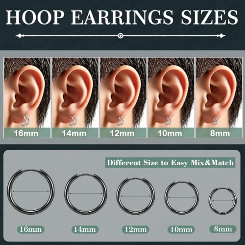 ONESING 10 Pairs Mens Hoop Earrings Stainless Steel Silver/Black Mens Earrings Hoop Hypoallergenic Huggie Hoop Earrings for Men Women Multiple Piercings 8mm/10mm/12mm/14mm/16mm - color: Silver/Black