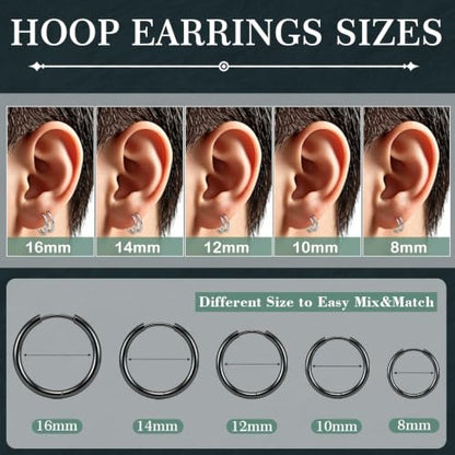 ONESING 10 Pairs Mens Hoop Earrings Stainless Steel Silver/Black Mens Earrings Hoop Hypoallergenic Huggie Hoop Earrings for Men Women Multiple Piercings 8mm/10mm/12mm/14mm/16mm - color: Silver/Black