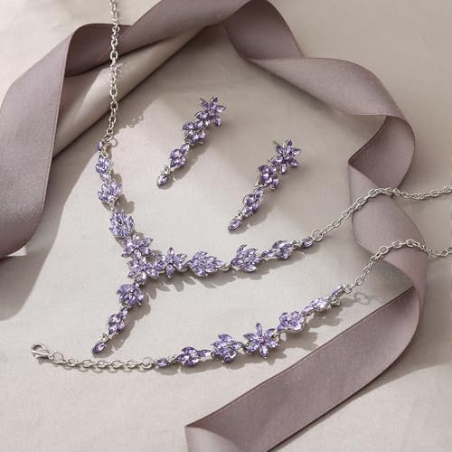 EVER FAITH Crystal Flower Wedding Prom Jewelry Set for Bride Bridesmaid | Rhinestone Costume Party Y-Shaped Necklace Dangle Earrings Bracelet, for Women - color: Light Purple Silver-Tone