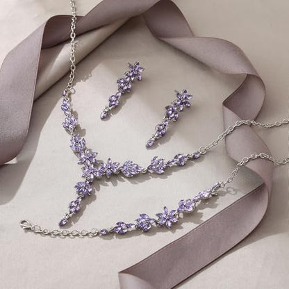 EVER FAITH Crystal Flower Wedding Prom Jewelry Set for Bride Bridesmaid | Rhinestone Costume Party Y-Shaped Necklace Dangle Earrings Bracelet, for Women - color: Light Purple Silver-Tone