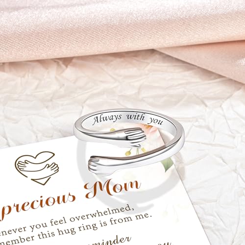 Sterling Silver Hug Ring for Women Teen Girls Adjustable Love Promise Ring Inspirational Open Rings Mothers Day Birthday Gift for Daughter Granddaughter Mom Wife Best Friend - color: Silver / Mom Gift (Always with you)