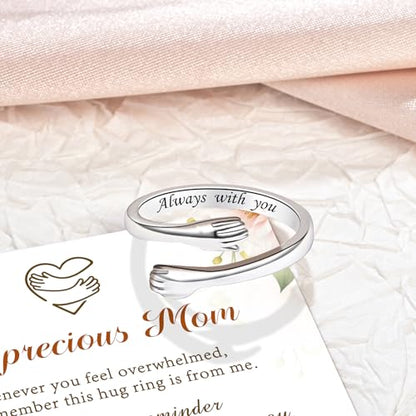 Sterling Silver Hug Ring for Women Teen Girls Adjustable Love Promise Ring Inspirational Open Rings Mothers Day Birthday Gift for Daughter Granddaughter Mom Wife Best Friend - color: Silver / Mom Gift (Always with you)