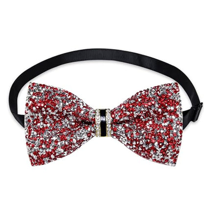 DiBanGu Mens Rhinestone Bow Tie with Ring and Lapel Pin Set | Adjustable Strap,Pre-tied Style,3PCS,Sequin Diamond Bowties，Solid/Mix Color,Shiny Accessory,for Party Prom Banquet Wedding - color: Red and Silver