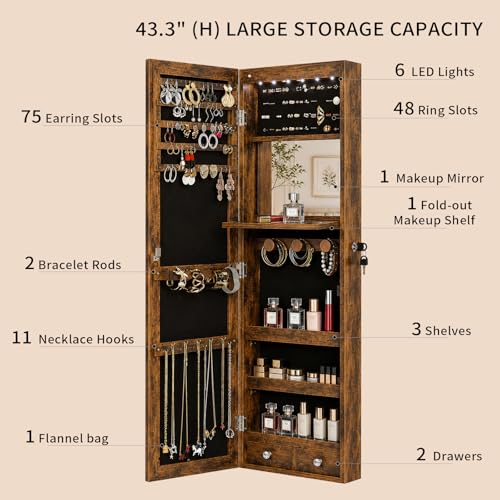 Lockable Jewelry Cabinet Organizer with Full Length Mirror, 6 Auto LED Lights, Wall & Over Door Mount Jewelry Armoire with Earring Slots, Necklace Hooks, Foldable Makeup Shelf - color: Brown