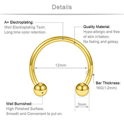 SCERRING 8PCS 16G Stainless Steel Nose Septum Horseshoe Earring Eyebrow Septum Lip Helix Tragus Piercing Ring 6-12mm - color: 8PCS - Gold