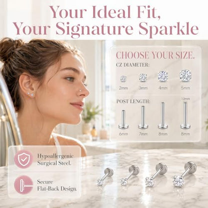 Hypoallergenic Nose Studs Flat Back Screw Ear Studs 18K Gold Plated 316 Stainless Steel, CZ Studs for Nose, Ear, Lip, Vertical Labret Piercing Jewelry, 2-5mm CZ 6-8mm Post with 1 Taper,4 Silicone Pads - color: Silver, size: 3mm
