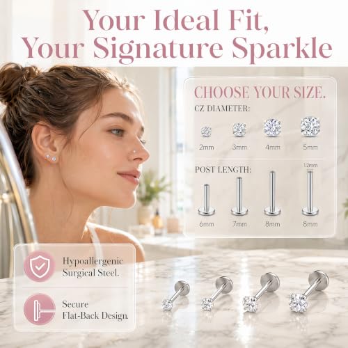 Hypoallergenic Nose Studs Flat Back Screw Ear Studs 18K Gold Plated 316 Stainless Steel, CZ Studs for Nose, Ear, Lip, Vertical Labret Piercing Jewelry, 2-5mm CZ 6-8mm Post with 1 Taper,4 Silicone Pads - color: Silver, size: 5mm