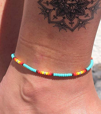 Anklet for Women, Turquoise Beaded Native American Style Boho Anklet, Bohemian Hippie Colorful Beach Summer Waterproof Anklet for Women and Girls, Handmade by Tribes