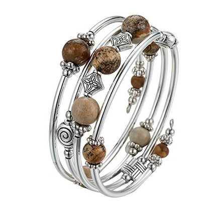 Beaded Pearl Bangle Wrap Bracelet - Fashion Bohemian Jewelry Multilayer Charm Bracelet with Thick Silver Metal Beads, Gift For Women - color: Picture Stone