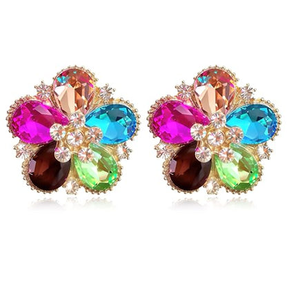 Bohemian Sparkly Crystal Flower Sliver Lightweight Stud Earrings Peach Blossom Rhinestone Floral Dangle Earrings For Women Jewelry Gifts - color: Colorful