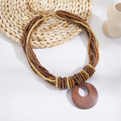 Coiris Chunky Necklaces for Women Statement Wooden Beaded Funky Boho Circle Pendant Necklace Jewellery Gift for Women - color: Wood