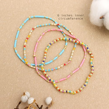 Colorful Seed Beaded Stack Bracelets Set for Women, 4Pcs Cute Dainty Boho Handmade Gold Beads Stackable Stretch Friendship Bracelet Prom Jewelry Gift.