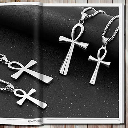 JUNOVUROS 18 to 28 Inches Rolo Chain Ancient Ankh Cross Pendant Necklace for Men Women Boys Girls 316L Stainless Steel with Large And Medium Sizes - color: C-Silver/Size: 1.77 '' * 0.98 ", style: 28 Inches