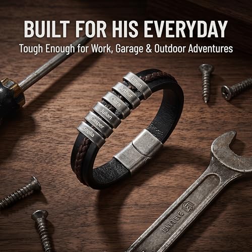 Personalized Bracelet for Men, Engraved Name Bead Braided Leather Bracelet for Dad Husband Grandpa Son, Custom Stainless Steel Men's Bracelet - color: 6 names