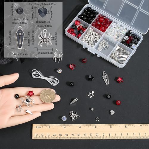 SUNNYCLUE 1 Box 6 Sets Halloween Bracelets Kit Coffin Spider Charms Gothic Charm Round Heart Star Bead Black Red Glass Spacer Beads for Jewelry Making Kits Women Adults DIY Bracelets Craft Gifts