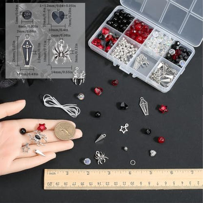 SUNNYCLUE 1 Box 6 Sets Halloween Bracelets Kit Coffin Spider Charms Gothic Charm Round Heart Star Bead Black Red Glass Spacer Beads for Jewelry Making Kits Women Adults DIY Bracelets Craft Gifts
